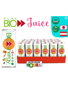 PURE BIO 100% Organic Juice Natural Energy Drink (24 x 250ml) – Vegan Natural Caffeine Zero Chemicals - Carton