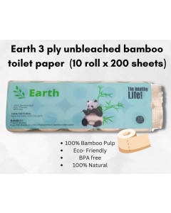 Earth 3ply Unbleached Bamboo Toilet Paper (10 Roll x 200 Sheets) - Carton