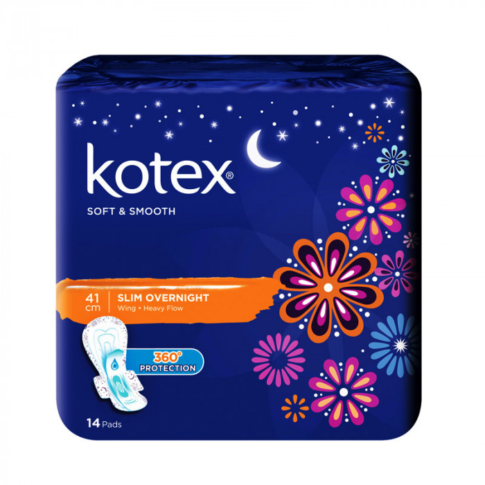 Kotex Soft & Smooth 41cm Slim Overnight Wing 14's Pads Twin Pack Case